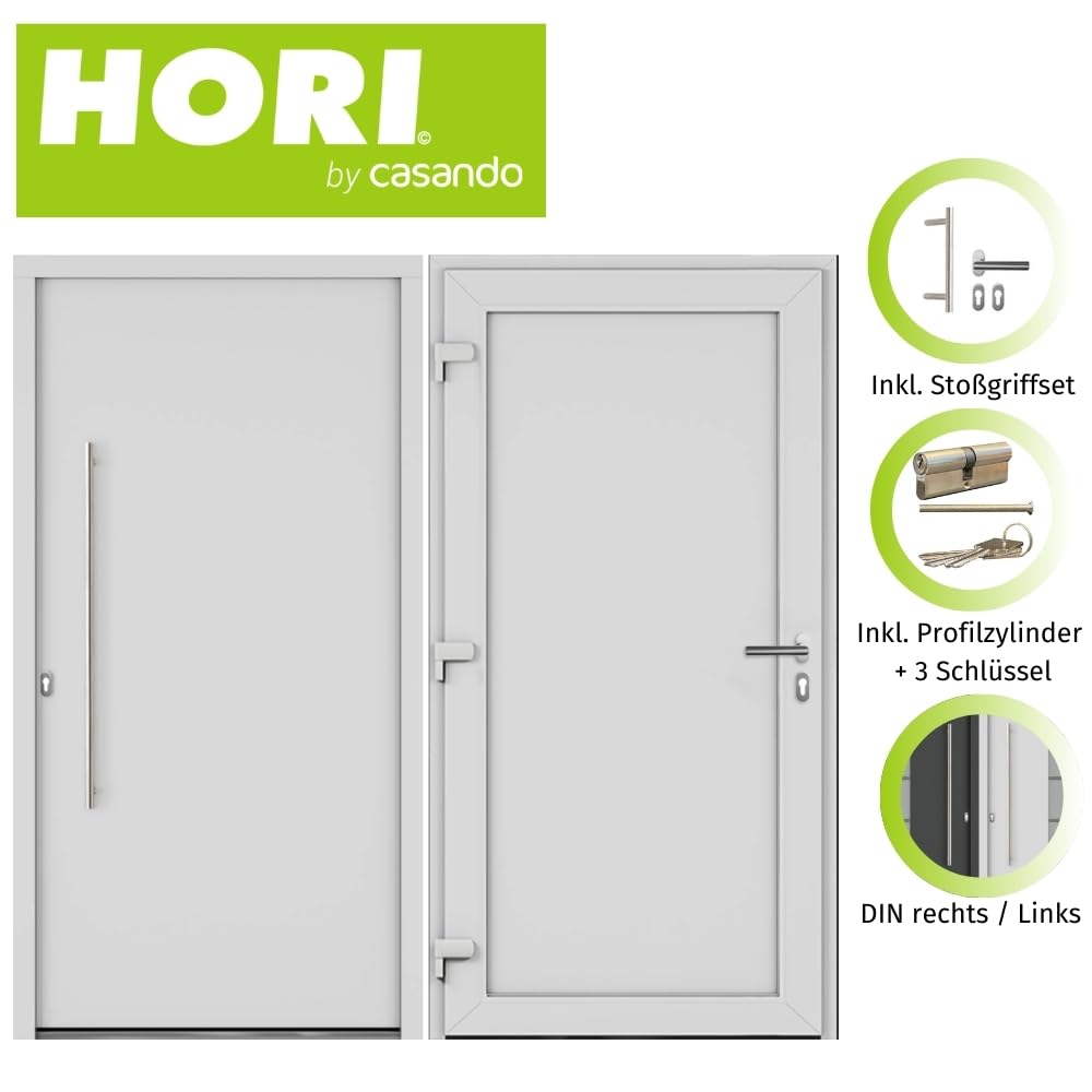 HORI Haustür Eingangstür Aluminium Kunststoff Komplettset - Haus Eingangstür mit 5-fach Verriegelung - Anthrazit oder Weiß - Wärmeschutzglas - - Farbe: Weiß - DIN Links - Modell: Slim - 210 x 100 cm