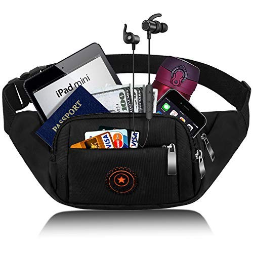 CAMORF Black Fanny Packs for Women - Updated Large Capacity Waist Pack for Men 4 Pockets - Waterproof Running Belt Fits MAX 7.9'' iPad & 6.6'' Cellphone iPhone -Waist Bag for Running Hiking Travelling