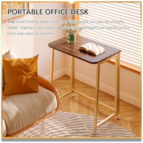 Image of 4NM 23.6 inch Mobile Small Folding Desk, Foldable Rolling Computer Home Office Desk, Study Writing Table for Small Space Saving Bedroom, with Wheels - Brown and Gold