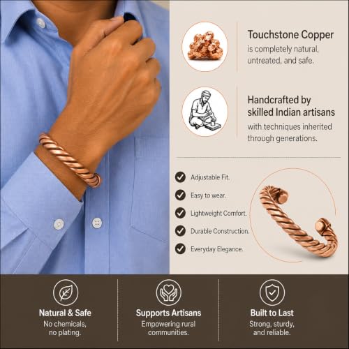 Image of Touchstone Copper magnetic bracelet Tibetan style. Hand forged with solid and high gauge pure copper. Twisted rope look.