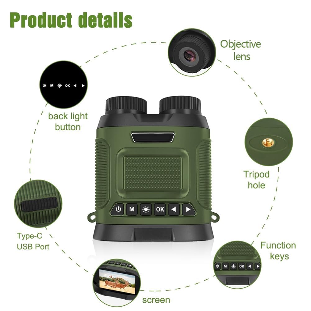 Garvee - Prismáticos de visión nocturna 4K HD - Pantalla ancha de 3" - Zoom Óptico 8X - Infrarrojo, Grabación foto/vídeo, resistente al agua, batería recargable, ideal para cazar, observación