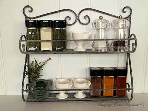 Shabby Chic Vintage French Grey Kitchen Wall Shelf Storage Unit Spice Rack Metal