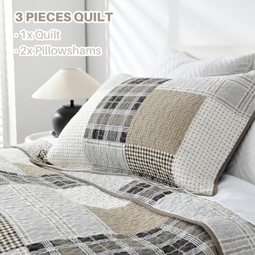 Image of PANGUSHAN 100% Cotton Quilt Set King Size, King Size Farmhouse Plaid Patchwork Reversible Rustic Quilt Bedding Set Quilted Bedspread Lightweight Comforter for King Bed, 3pcs, Gray /Cream /Beige