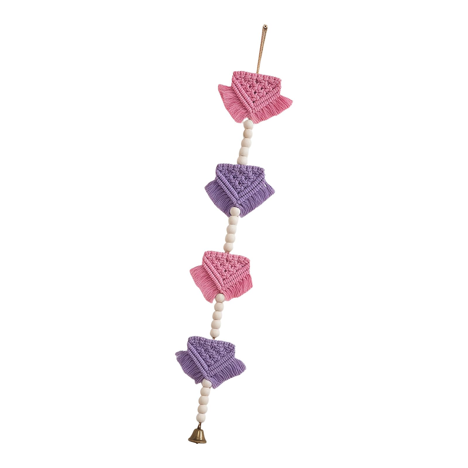 Handcrafted Macrames Woven Pennant with Wooden Beads and Metal Bells for Children Space and Nursery Decoration Gift Decorative Wall Hanging