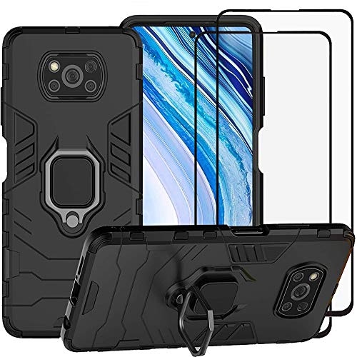 DuoLide for Xiaomi Poco X3 NFC/Xiaomi Poco X3 Case, 2 in 1 Hybrid Heavy Duty Armor Shockproof Defender Kickstand Dual Layer Bumper Hard Back Case Cover Tempered Glass Screen Protector [2 Pack]ï¼ŒBlack