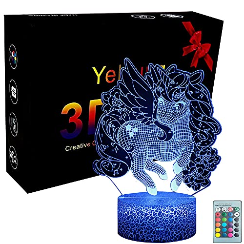 Yelyung 3D Licorne Illusion Veilleuse,16 Couleurs Changement Télécommande Interrupteur Lumière,USB & Batterie Alimenté Parti Décoration Lampe, Éclairage Créatif pour Enfants Cadeau Cover