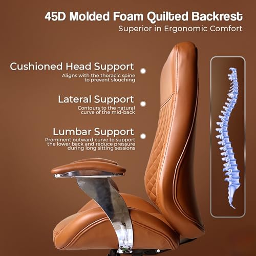 Image of Kepler Brooks Premium Executive Office Chair | Ergonomic High Back Leatherette Chair with Quilted Design, Adjustable Height & Multi Lock Recliner Tilt | Heavy-Duty Metal Base | Tan