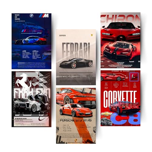 Image of Posters Inc A4 Super Cars Poster Pack of 6 - Room Decor Aesthetic Stuff, Wall Stickers For Home Decoration of Living Room, Bedroom & Office For Motor Sport Enthusiasts - With Glue Dots