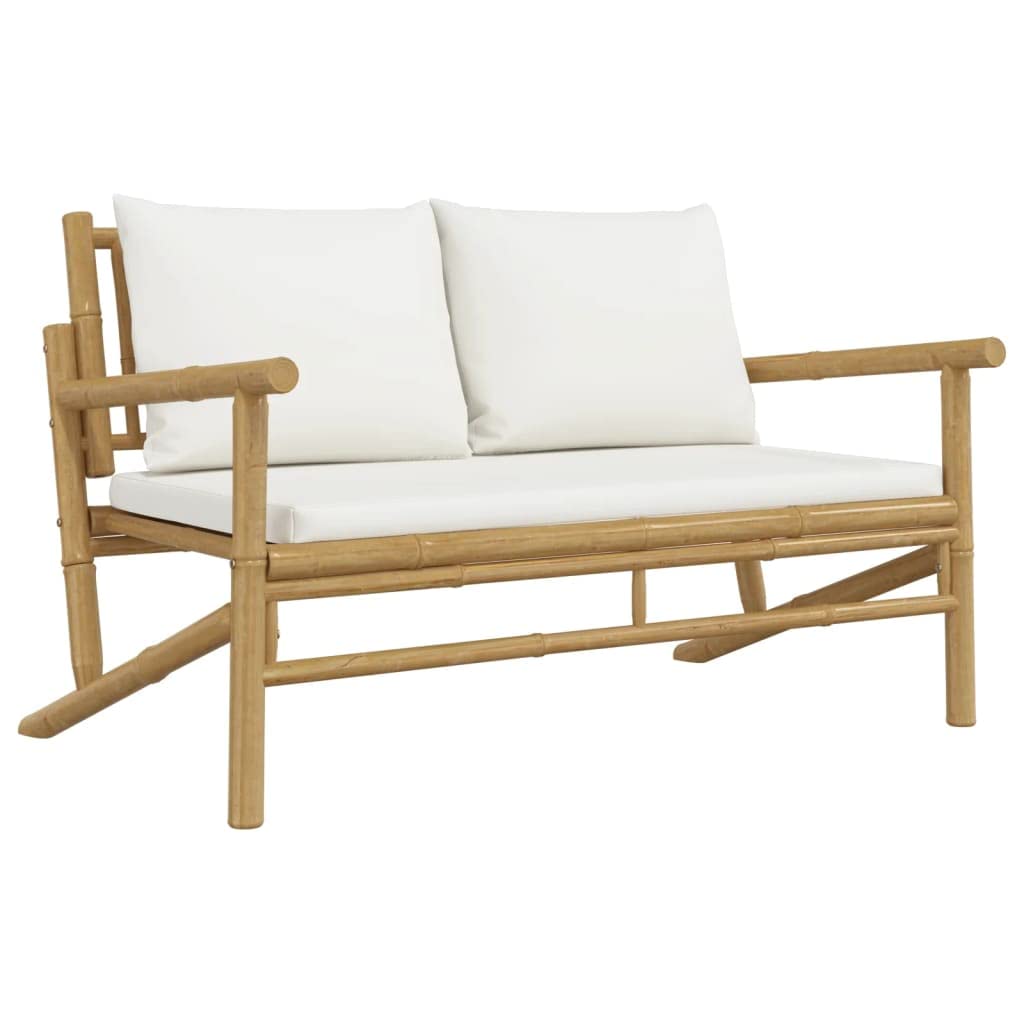 Juego de muebles de jardín de bambú de 3 piezas con cojines de asiento y respaldo de color crema, incluye práctica mesa para comer y beber, sofá modular para exteriores con reposabrazos