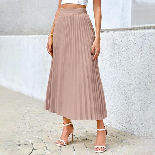 Women's Elastic High Waist Pleated Skirts Satin Swing A-line Flowy Dressy Maxi Skirt Casual Work Office Outfits3