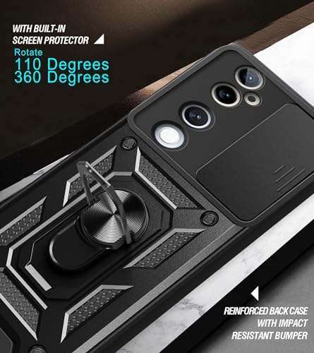 Image of SPAZY CASE Vivo V40 / V40 Pro 5G / T3 Ultra 5G Back Cover | Heavy Duty Hybrid Case with 360 Degree Rotating Finger Ring Holder + Slider Shutter Camera Protection Case - Black