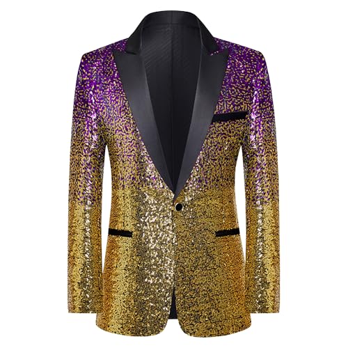 Mens Fashion Gradual Change Color Sequins Suit Jacket Shawl Lapel Tuxedo Shiny Sequin Blazer One Button Suit Jacket (5X-Large,Golden)