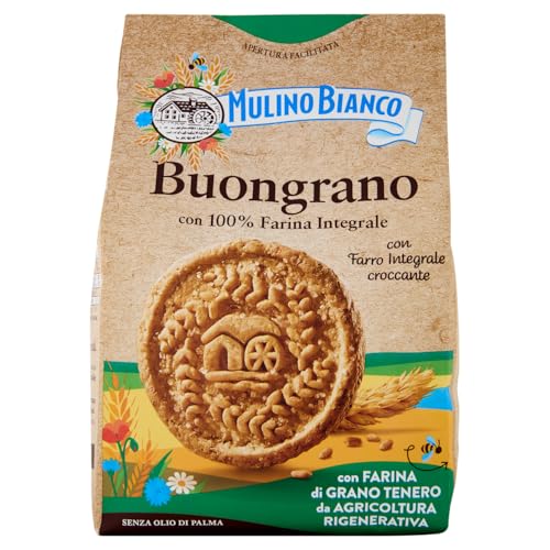 Mulino Bianco Biscotti Buongrano con 100% Farina Integrale, 350 gr | Colazione Ricca di Fibre e Gusto