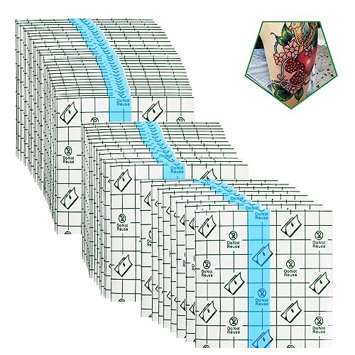 Image of 50 Pieces 4 x 4 in Stretch Waterproof Adhesive Bandages Transparent Film for Tattoo Aftercare and Skin Repair Adhesive Tattoo Supply Wrap