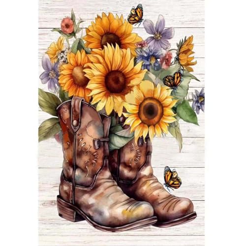 ZQEATRY Boot Diamond Painting Kits for Adults,5D Butterfly Sunflower Flowers Diamond Art Kits for Beginners,DIY Full Drill Diamond Gem Art with Painting Kits for Home Wall Decor 12 x 16 Inch