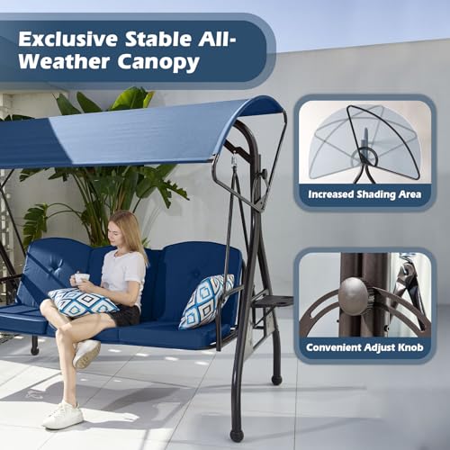 Image of ZZW 800LBS Patio Swing with Canopy 3 Seat Outdoor Porch Swing with Stand w /Cup Holder & Pillow Glider Chair Swing Bed for Patio Backyard Poolside (Blue)