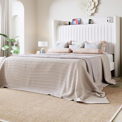 Image of Allewie Full Size Platform Bed Frame with USB Charging Station and Storage Shelf /Upholstered Velvet Wingback Headboard /Wooden Slats Support /No Box Spring Needed /Easy Assembly, White