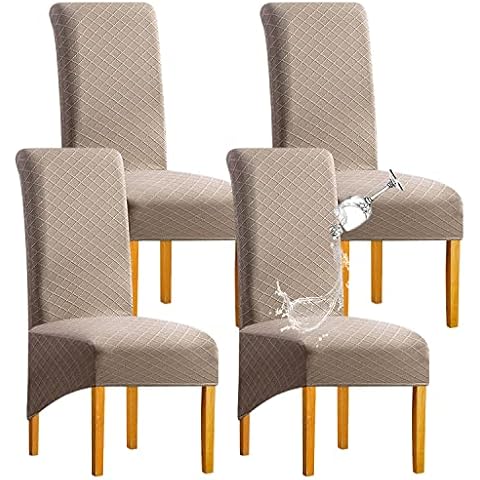 SHENGYIJING 1/2/4/6 PCS Diamond Lattice FStretch Waterproof XL Chair Covers for Dining Room, Spandex Large Dining Chair Slipcovers High Back Jacquard Dining Chair Covers (Khaki,Set of 4) Cover