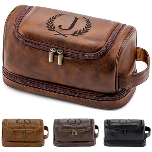 Personalized Christmas Birthday Gifts Toiletry Bag for Men Dad Husband, Custom Initial PU Leather Waterproof Toiletry Organizer Dopp Kit Shaving Bag Travel Essential for Men, Reddish Brown J