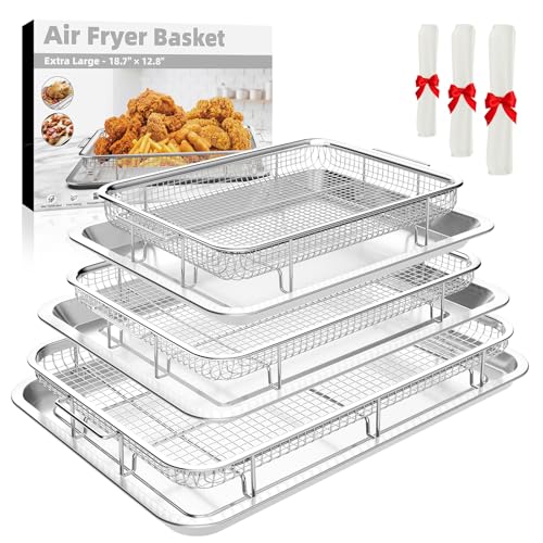 Air Fryer Basket for Oven, 3 Set Stainless Steel Oven Air Fryer Basket and Tray with 90 PCS Parchment Papers,YEPATER Air Fryer Pan and Crisper Tray for for Baking Grilling Cooking and Frying