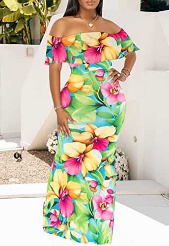 Women's Off Shoulder Maxi Dress Sexy Hawaiian Floral Long Party Dresses4