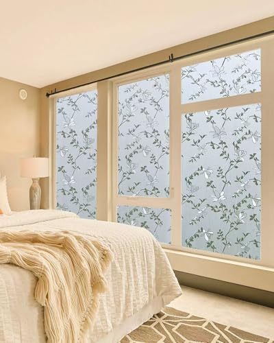 Image of Frosted Glass Window Film with Elegant Flower Design, Bathroom Window Privacy Film for Glass Windows Cover, Static Cling, Removable, Reusable, Anti-UV, Anti-Glare, 17.5 Inch * 78.74 Inch