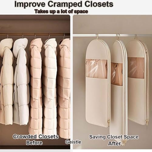 Space Saving Hanging Garment Bag with Self Compression Zipper, Garment Bags for Hanging Clothes, Winter Coat Storage, Dust Cover Clothes Bags for Down Coat (Beige-XL)2