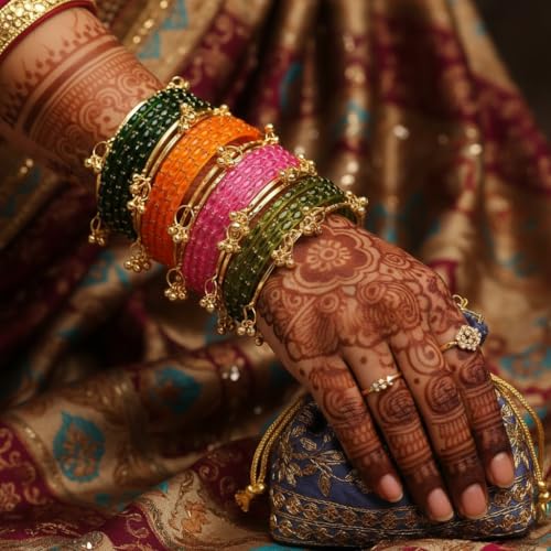 Image of Kashmiri Ghangharoo Glass Bangle Set for Women| Light Weight Bangles | Traditional Transparent Fancy Glass Chudi Set for Wedding, Party|Set Of 16(12 Glass + 4 ghungroo bangles)