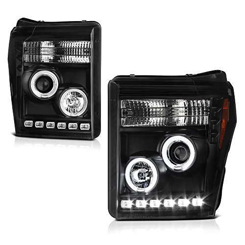 [For 2011-2016 Ford F250 F350 Super Duty Pickup Truck] CCFL Halo Ring Black Housing Projector Headlight Headlamp Assembly, Driver & Passenger Side