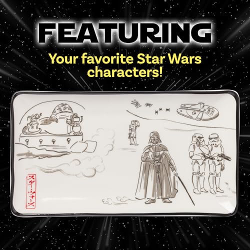 Image of Silver Buffalo Star Wars Watercolor Japanese Art Featuring Jabba the Hutt, Darth Vader, Stormtroopers Ceramic Sushi Set with Dipping Sauce Dish and Matching Chopsticks