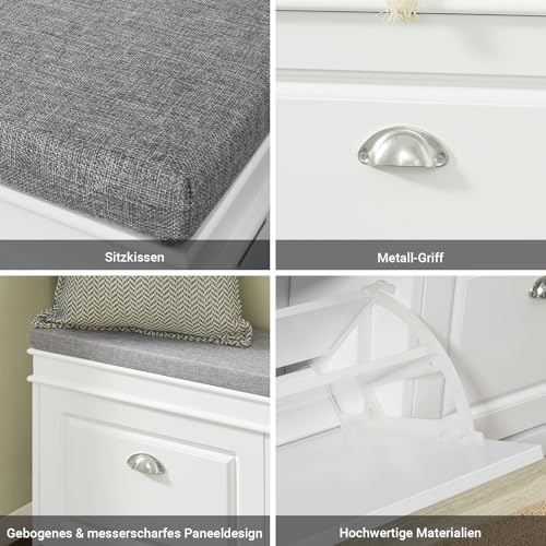 SoBuy Schuhbank mit Sitzfläche Sitzbank mit Stauraum und 2 Klappen, schmaler Schuhschrank mit Sitzbank & Schuhregal platzsparend, Schuhablage für Flur & kleine Räume, 104x52x24cm, Weiß, FSR64-W