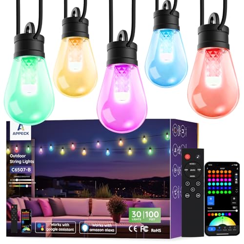 APPECK Outdoor String Lights, 100ft RGBW Smart Outdoor Patio Lights with 30 LED Bulbs, Extendable...