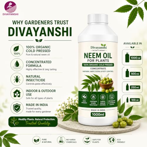 Image of Divayanshi Neem Oil for Plants | 100% Organic Cold Pressed Concentrate | Natural Insecticide & Pest Control Spray for Indoor & Outdoor Plants | Controls Aphids, Mealybugs & Fungal Issues-250ml