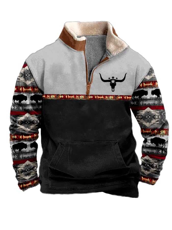 ZOCAVIA Men's American Flag Sweatshirts Winter Warm Fuzzy Fleece Patriotic Pullover Western USA Flag Coats with Front Pocket