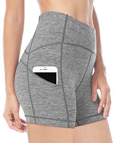 QUEENIEKE Women Sports Shorts 6 inches Inseam Medium Waist 3 Phone Pockets Yoga Running Shorts Tummy Control Workout Leggings Size S Color Grey Space Dye