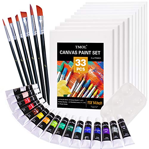33 Piece Canvas Painting Kit, Acrylic Paint Set, Includes 4 Stretched Canvas & 6 Canvas Panel (11x14
