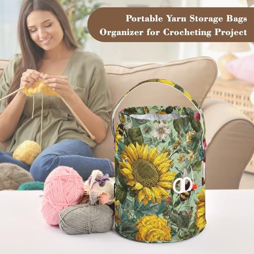 Image of ElliTarr Crochet Bag Yarn Bag with Handle Portable Knitting Project Bag Travel Yarn Storage Organizer Holder Case Bees Sunflowers Leaves Green