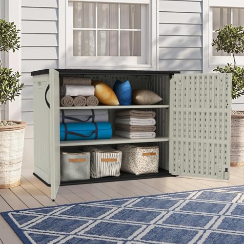 Image of Devoko 26 Cu Ft Plastic Outdoor Storage Cabinet, Beige | Horizontal Resin Storage Shed with Lockable Door, Water-Resistant Backyard Storage Box for Garden Patio, Shelf Not Included