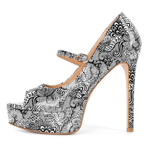 Image of SAMMITOP Women's Peep Toe High Heels Platform Stiletto Pumps Patent Mary Jane Heels 5.5 inch Party Wedding Dress Shoes