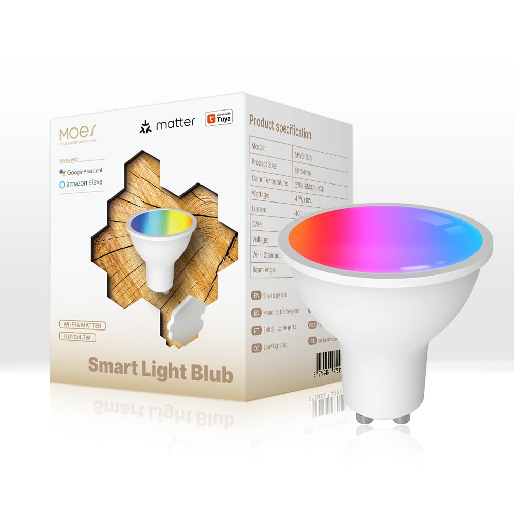 MOES Matter Smart GU10 LED Light Bulbs, Color Changing WiFi Smart Bulbs, 2700K-6500K CW& RGB Dimmable, Smart Life Remote Control, Work with Apple Homekit/Alexa/Google Home, 400lm 5W 1 Pack
