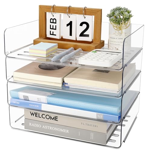 Otauoaea 4 Bandejas Oficina Apilables, Transparente Plastico Pet Bandeja Escritorio, Bandeja Portadocumentos A4, Desk Organizer, Organizador para Papeles, Documentos, Folios, Material Oficina