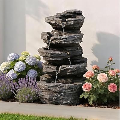 20" Outdoor Water Fountain with Lights, 5-Tiered Cascading Rock Water Fountain, Outdoor Garden Waterfall Decor for Garden, Patio, Courtyard
