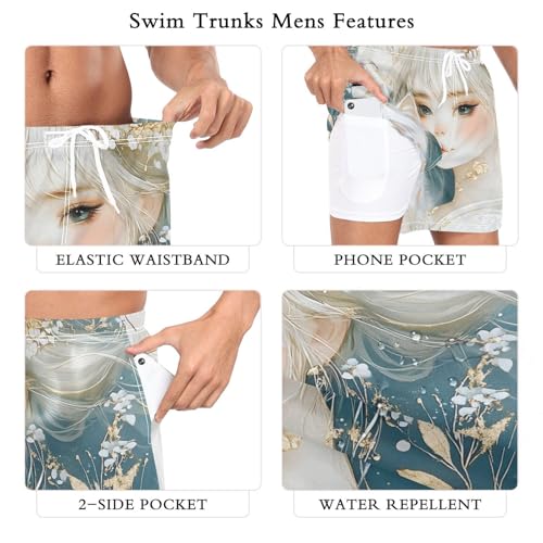 Woman Cat Abstract Leaf Mens Swim Trunks with Liner, Cool Quick Dry Beach Swim Shorts, Swimwear Bathing Suits S3
