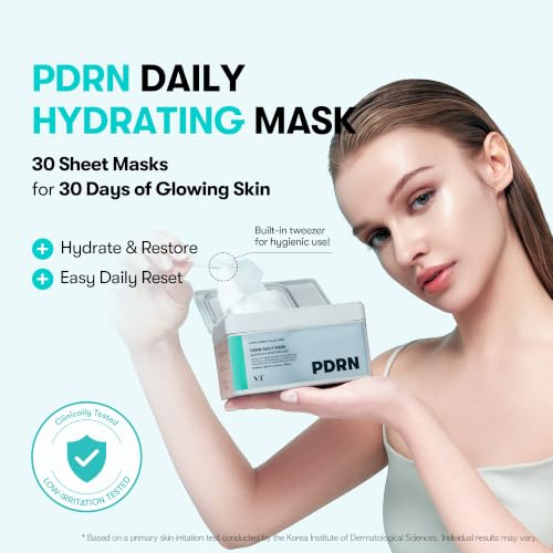 Image of VT COSMETICS PDRN Daily Hydrating 30 Sheets Mask, Vegan PDRN Face Masks with Ceramide, Hyaluronic Acid & Panthenol, Ultra-Thin Moisturizing Mask for Glass Skin & Daily Hydration, Korean Skincare