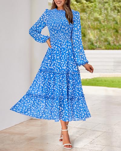 Image of NOLLSOM Women 2026 Spring Dress Floral Boho Dress Casual Long Sleeve Crew Neck Ruffle A-Line Flowy Wedding Guest Maxi Dresses