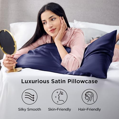 Image of Bedsure King Size Satin Pillowcase Set of 2 - Navy Silky Pillow Cases for Hair and Skin with Envelope Closure, Similar to Silk Pillow Cases, Gifts for Women Men, 20x36 Inches, 2pcs