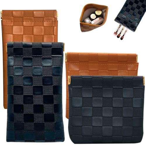 4PCS Small Makeup Bag for Purse, Mini Leather Pocket Cosmetic Bag for Women, Waterproof Portable Makeup Pouch No Zipper Coin Purse Lipstick Bag Accessories, Checkered Travel Storage Bag(Black, Brown)