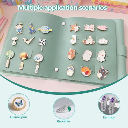 Image of Enamel Pin Display Book - 4 Page Leather Travel Organizer for Collectors, Portable Lapel Pin Holder with Secure Storage, Compact Pin Trading Book (Sage Green)