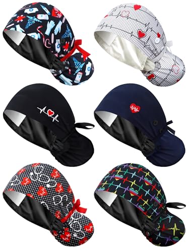Image of 6 Pc Satin Lined Scrub Caps Women with Buttons Ponytail