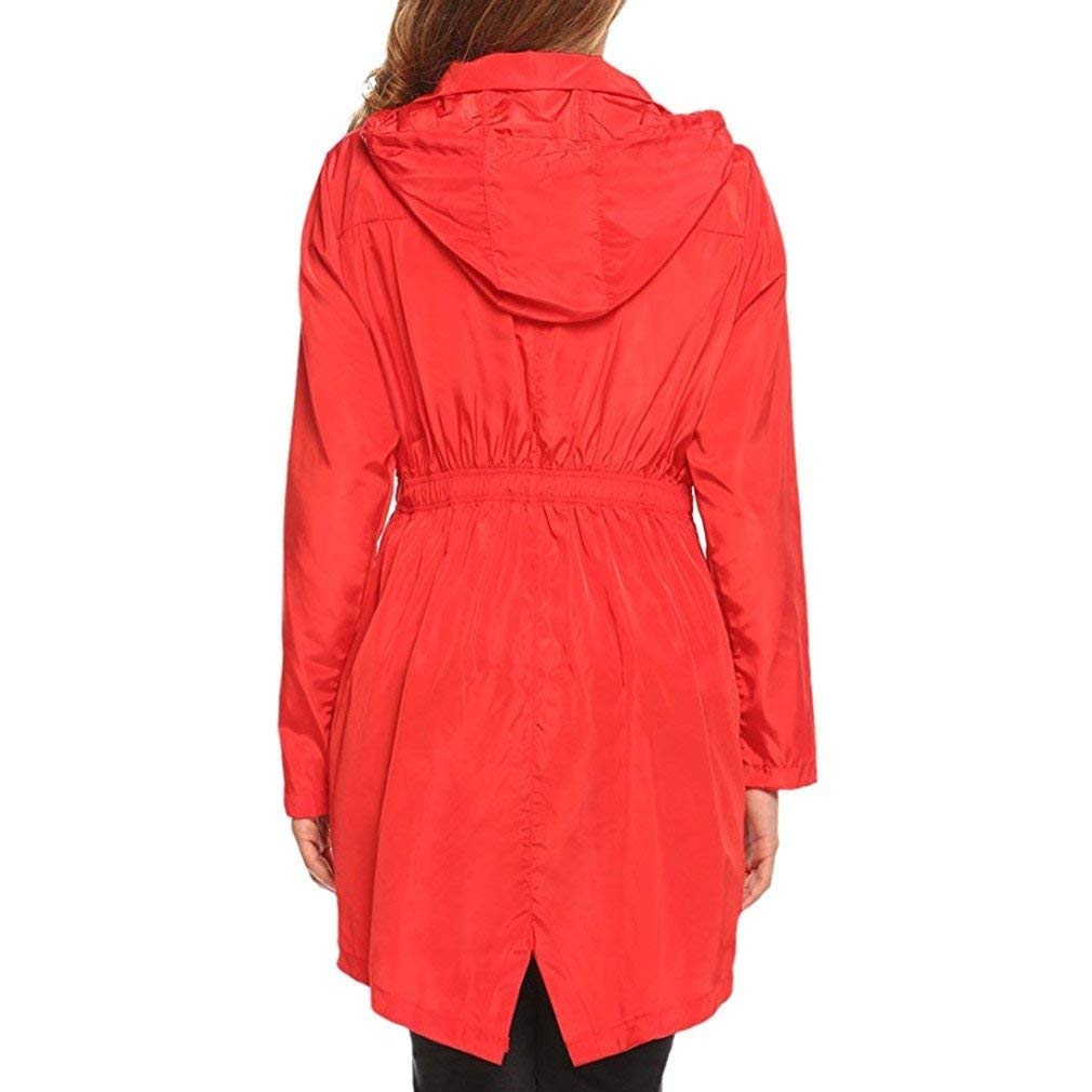 Huixin Lekki damski płaszcz podróżny, wodoszczelny płaszcz damski, moda damska, długi z kapturem, na wędrówki, płaszcz przeciwdeszczowy, kurtka outwear, czerwony, M